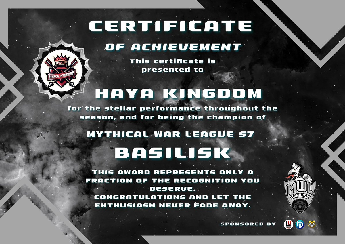 The success our organization has experienced would not be possible without your contribution.

MWL Season 7 Champions

Sphinx Champion - つむぎ組
Redcap Champion - 1LegioN's Hunt
Griffin Champion - 1legioN’s Orbit
Basilisk Champion - HAYA KINGDOM

<a href="/RYUKI_TUMUGIGUM/">RYUKI</a> <a href="/_1LegioN_/">1LegioN</a>