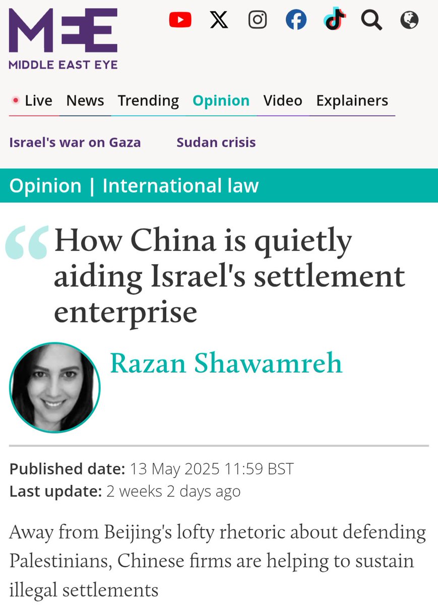 "But the Chinese state has not offered meaningful support for the cause of Palestinian liberation..."

"Chinese labour is actively and visibly contributing to the construction of Israeli settlements on occupied Palestinian land."

beijing is no less hypocritical than the west btw