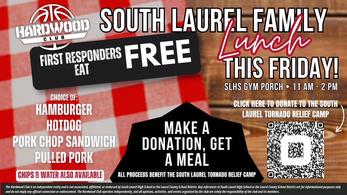 🌟 Tomorrow's lunch is for a great cause! Join us to support the South Laurel Tornado Relief Camp—donate to purchase a meal! 

All contributions go towards our free basketball camp for kids. 

🌟 **First responders eat FREE!** 

Let’s come together, #SLFamily! 🏀❤️ #SLLadyCards’