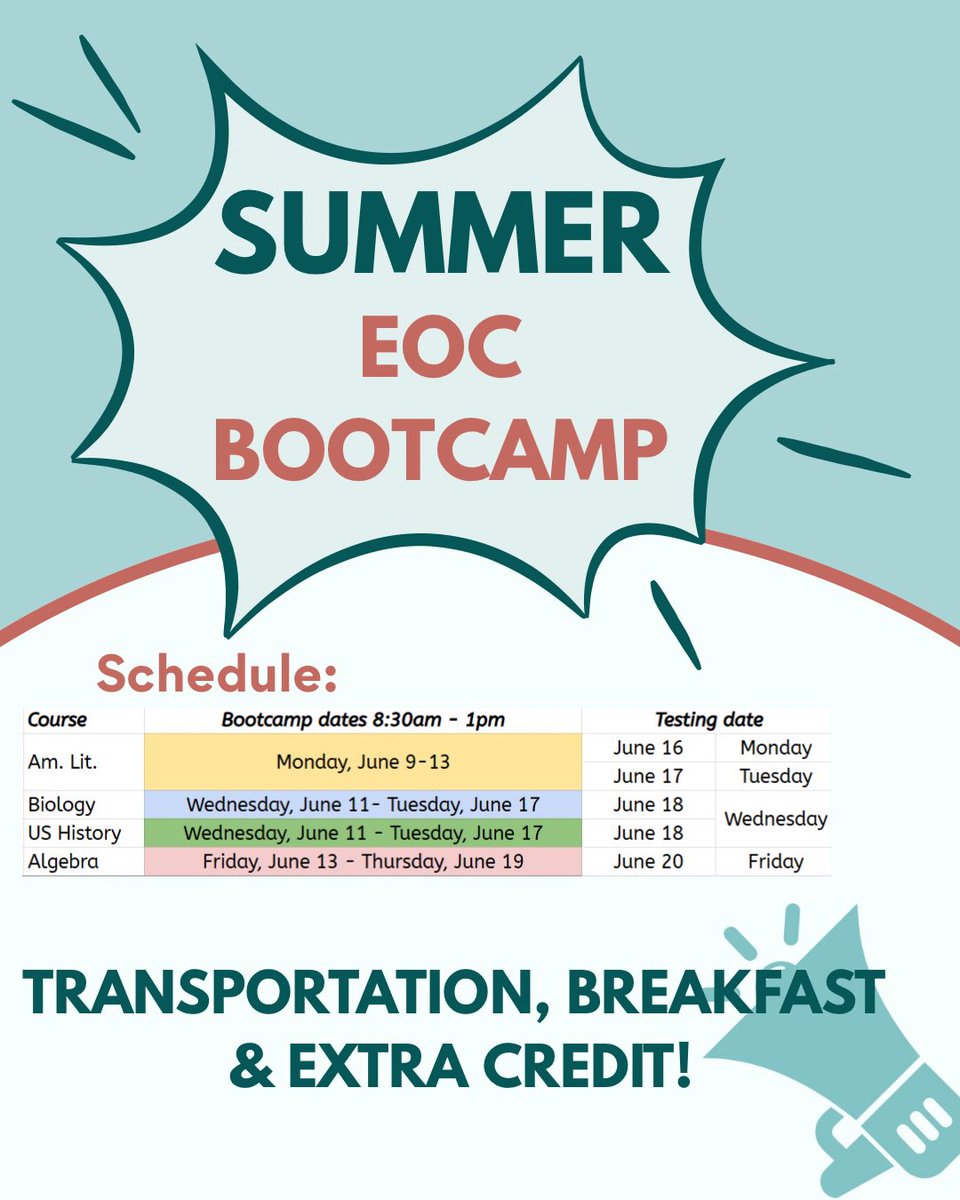 🚨 Don’t miss your chance to make your BEST even BETTER!

Join us for a weeklong bootcamp to review + retake your GA Milestones 📝

💥 Small group support
💥 Focused practice
💥 Test strategies
💥 Transportation, breakfast &amp; extra credit!

Let’s level up! 📈
#MilestonesBootcamp