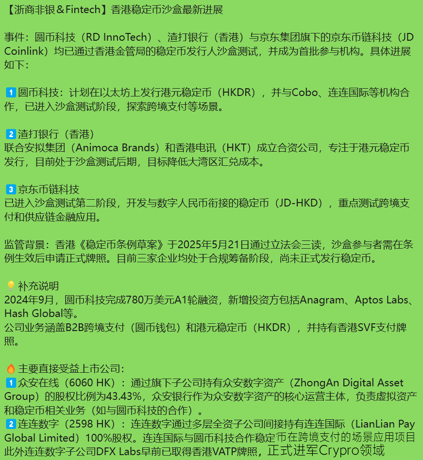 稳定币/RWA概念整理】香港特别行政区政府于5 月30 日在宪报刊登《稳定币条例》，这意味着《稳定币条例》正式成为法例，从5月21日正式通过《稳定币 条例》草案，到30号称为法例，香港只用了10天。