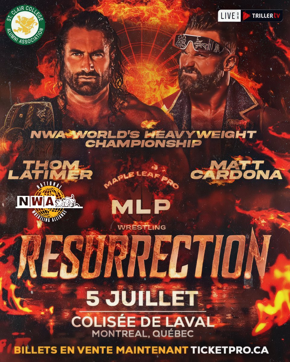 Thomas Raymond Latimer (@thomas_latimer_) on Twitter photo The @NWA WHC will once again be defended in <a href="/MapleLeafPW/">MAPLE LEAF PRO Wrestling</a> at #MLPResurrection
<a href="/Thomas_Latimer_/">Thomas Raymond Latimer</a>
🆚
<a href="/TheMattCardona/">Matt Cardona</a>
In Montreal on July 5!
Match sponsored by <a href="/StClairCollege/">St. Clair College</a>
🎟️ ON SALE NOW at Ticketpro.ca
tproqc.ticketpro.ca/en/pages/16514…
Watch LIVE on <a href="/Triller_TV/">TrillerTV</a>! The @NWA WHC will once again be defended in <a href="/MapleLeafPW/">MAPLE LEAF PRO Wrestling</a> at #MLPResurrection
<a href="/Thomas_Latimer_/">Thomas Raymond Latimer</a>
🆚
<a href="/TheMattCardona/">Matt Cardona</a>
In Montreal on July 5!
Match sponsored by <a href="/StClairCollege/">St. Clair College</a>
🎟️ ON SALE NOW at Ticketpro.ca
tproqc.ticketpro.ca/en/pages/16514…
Watch LIVE on <a href="/Triller_TV/">TrillerTV</a>!