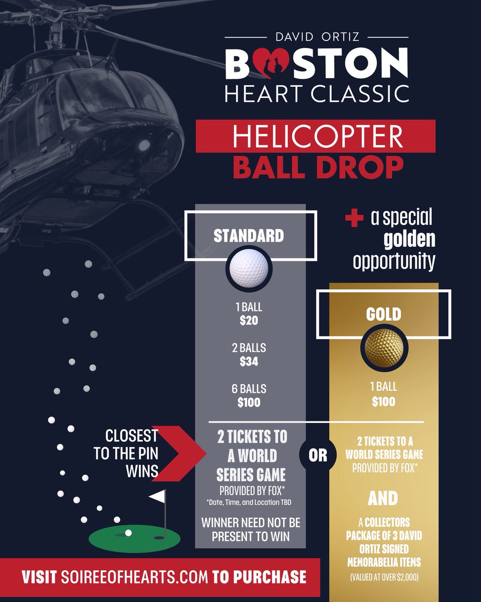 David Ortiz Childrens Fund (@davidortizfund) on Twitter photo 🚁⛳️ Buy a golf ball for our Helicopter Ball Drop benefitting the #DavidOrtizFund!
🏆 Closest ball to the pin wins:
🎟 2 World Series tix (from <a href="/MLBONFOX/">FOX Sports: MLB</a>)
🧢 Big Papi signed gear
🎫 $20 for 1 / $34 for 2 / $100 for 6
🎯 Golden Balls = bigger prizes!
👉 soireeofhearts.com 🚁⛳️ Buy a golf ball for our Helicopter Ball Drop benefitting the #DavidOrtizFund!
🏆 Closest ball to the pin wins:
🎟 2 World Series tix (from <a href="/MLBONFOX/">FOX Sports: MLB</a>)
🧢 Big Papi signed gear
🎫 $20 for 1 / $34 for 2 / $100 for 6
🎯 Golden Balls = bigger prizes!
👉 soireeofhearts.com