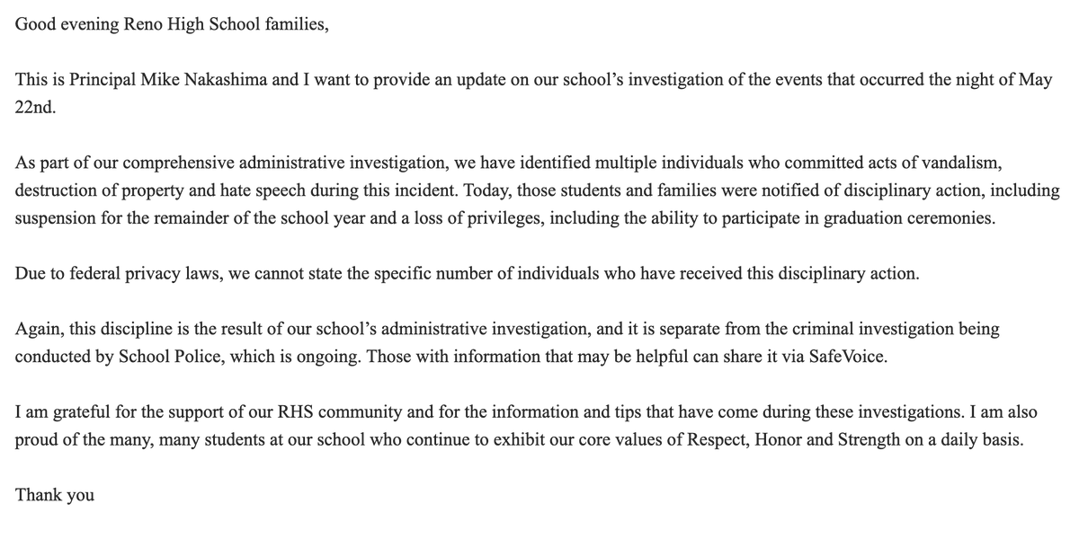 Rocío Hernández (@rociohzz) on Twitter photo .<a href="/WashoeSchools/">Washoe Schools</a> announces it's identified and taken disciplinary actions against the individuals behind the recent vandalism at Reno High School, which included use of racial slurs and anti-Semitic marks. .<a href="/WashoeSchools/">Washoe Schools</a> announces it's identified and taken disciplinary actions against the individuals behind the recent vandalism at Reno High School, which included use of racial slurs and anti-Semitic marks.