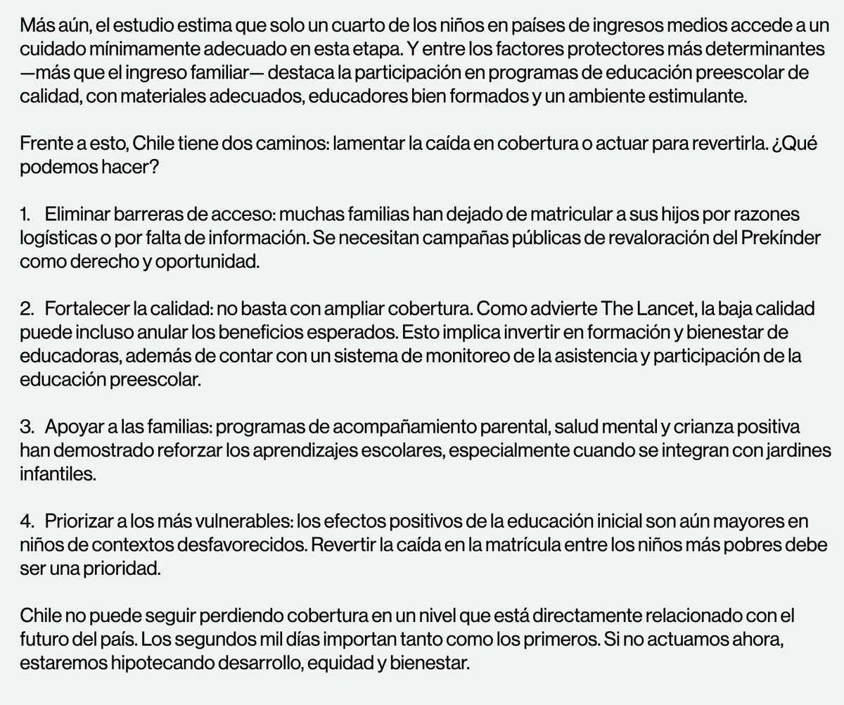 ¿Sabía usted que la cobertura en prekínder bajó 12 puntos porcentuales entre 2019 (93%) y 2024? <a href="/MarigenN/">Marigen Narea</a> explica por qué esto es grave y propone cuatro medidas para revertir esta tendencia preocupante.