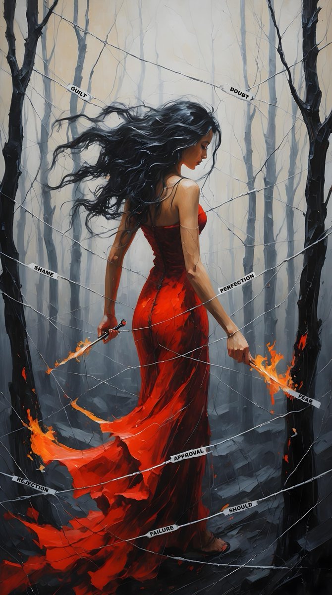 JoyAZ (@canyonmoongal) on Twitter photo <a href="/CanalStreetShow/">Canal Street Show</a> TITLE: “Perfection’s Snare” - A woman is tangled in a vast web of doubt and expectations stretching across a dark forest. She carries scissors made of fire, slowly cutting her way free. (MEDIUM: AI art + Digital art) <a href="/CanalStreetShow/">Canal Street Show</a> TITLE: “Perfection’s Snare” - A woman is tangled in a vast web of doubt and expectations stretching across a dark forest. She carries scissors made of fire, slowly cutting her way free. (MEDIUM: AI art + Digital art)