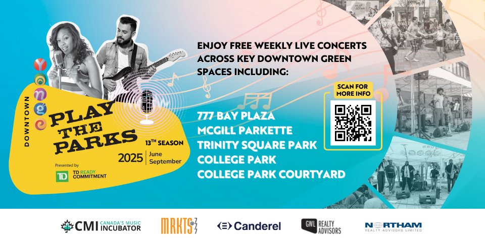 #PlayTheParks is back — free live music all summer in Downtown Yonge! Presented by <a href="/TD_Canada/">TD (Canada)</a> &amp; curated by <a href="/CMincubator/">CMI</a>, featuring emerging artists + iconic outdoor spots.

Full schedule: downtownyonge.com/playtheparks/

#SummerDestination #DowntownYonge #LiveMusicTO