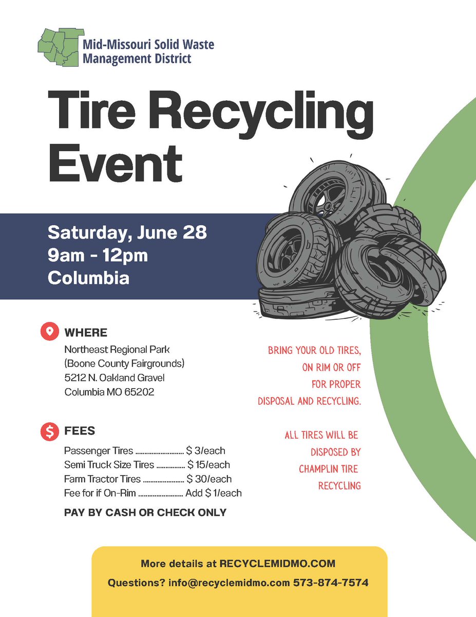 Mid-Missouri Solid Waste Management District @ 5212 N Oakland Gravel Rd, Columbia, MO 65202 Bring your old tires, on rim or off for proper disposal and recycling. All tires will be disposed by Champlin Tire Recycling. PAY BY CASH OR CHECK ONLY ow.ly/yiNH50VTVN1