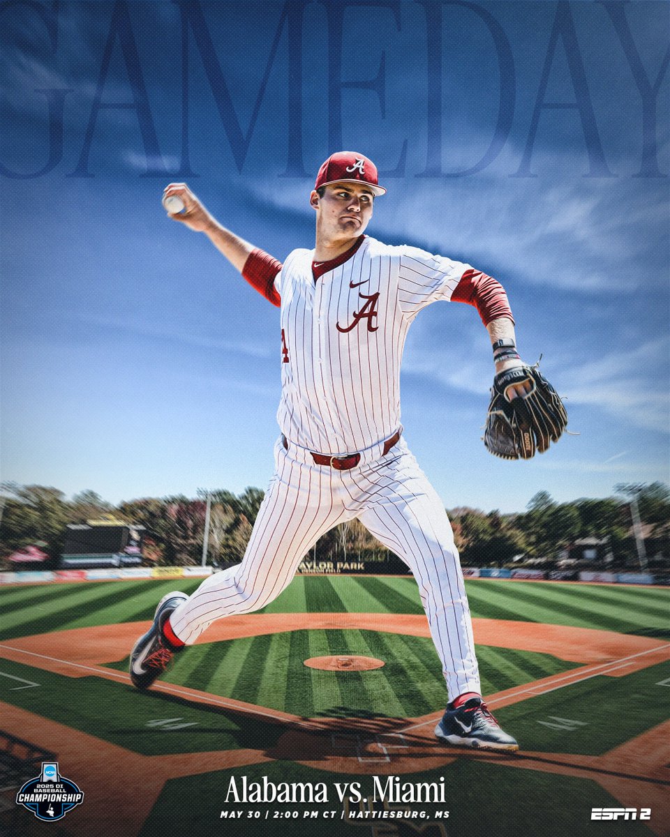 The road starts in Hattiesburg. 

🆚 No. 3 Miami
⌚️2:00 p.m. CT
📍Hattiesburg, Miss.
📊 bit.ly/455xMfD
📻 Varsity Network I bit.ly/42VUrtq
📺 ESPN2 | bit.ly/4jBiIdi

#RollTide I #RoadToOmaha