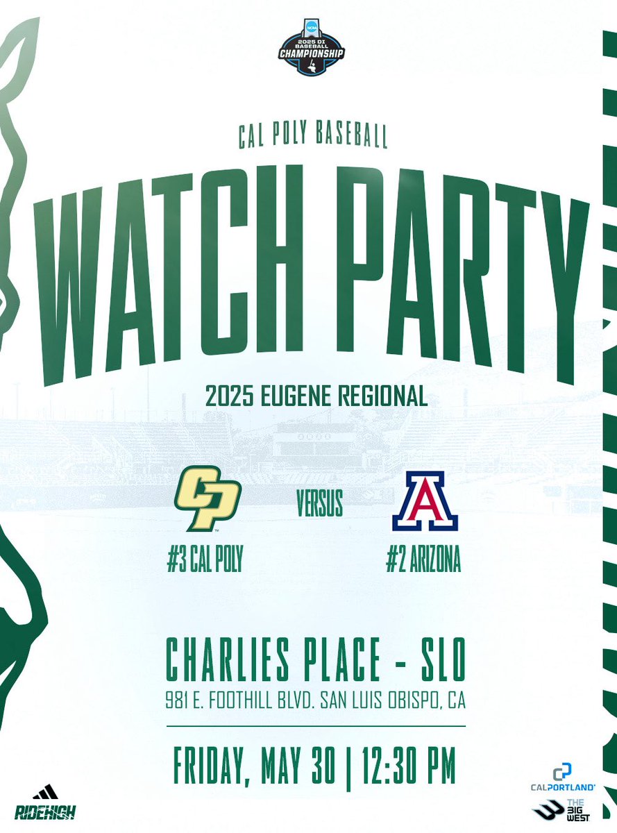 CalPolyBSB's tweet photo. If you're in SLO tomorrow, come to Charlie's Place starting at 12:30 for a watch party for our NCAA Regional game against Arizona!

#RideHigh https://t.co/V09x4Z3fk9