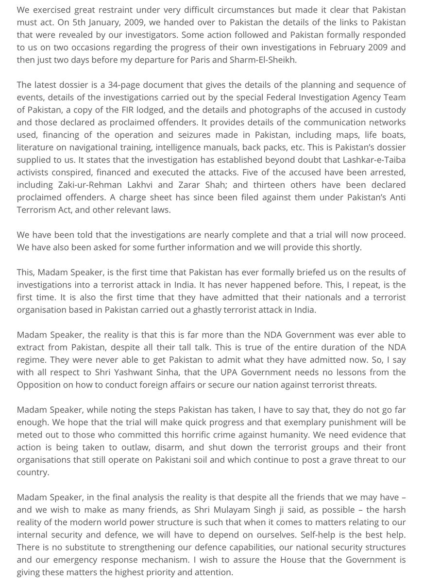 मुम्बई में पाकिस्तान ने हमला 26 नवंबर 2008 को किया 
180 लोग मरे व 300 घायल हुए,चिता की आग ठंडी भी नहीं हुई 
1. दिसंबर से बिना पाकिस्तान पर आक्रमण किए बातचीत अमेरिकी दबाव में शुरू किया या नहीं,यह वक्तव्य प्रधानमंत्री मनमोहन सिंह जी का है लोकसभा में?