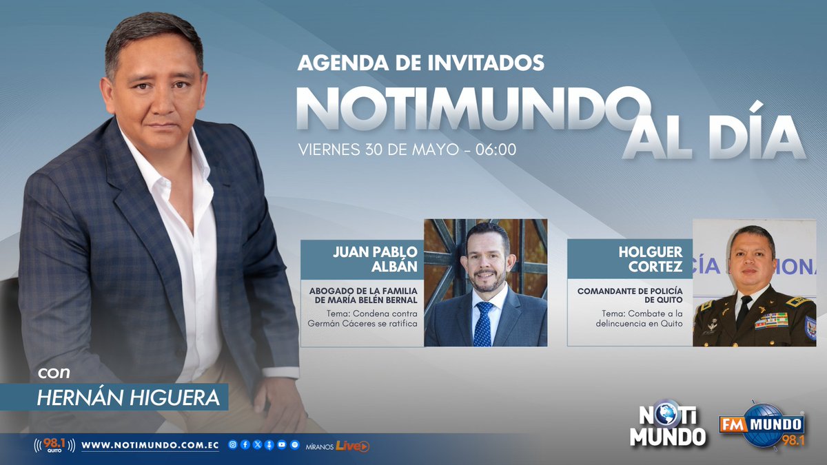 NotiMundo (@notimundoec) on Twitter photo 🌎#NotiMundoAlDía | Inicia la jornada bien informado, junto a <a href="/higuerahernan/">Hernán Higuera</a>. Este viernes, con:
🎙️ <a href="/JuanPablo_Alban/">Juan Pablo Albán</a>
🎙️ Holguer Cortez
📻 98.1 FM #Quito
🌐 fmmundo.com 🌎#NotiMundoAlDía | Inicia la jornada bien informado, junto a <a href="/higuerahernan/">Hernán Higuera</a>. Este viernes, con:
🎙️ <a href="/JuanPablo_Alban/">Juan Pablo Albán</a>
🎙️ Holguer Cortez
📻 98.1 FM #Quito
🌐 fmmundo.com