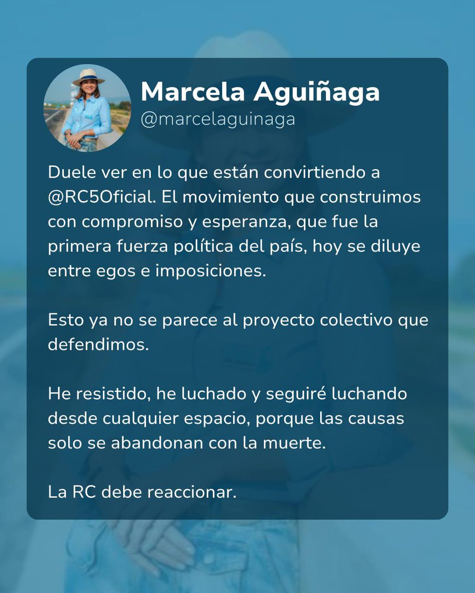 🚨 RC, ME DUELES
La expresidenta de la Revolución Ciudadana se pronuncia con fuerza:

🗣️ “Duele ver en lo que están convirtiendo al movimiento… hoy se diluye entre egos e imposiciones”.

En medio del quiebre interno, la expulsión de Sergio Peña y la pérdida de dirección