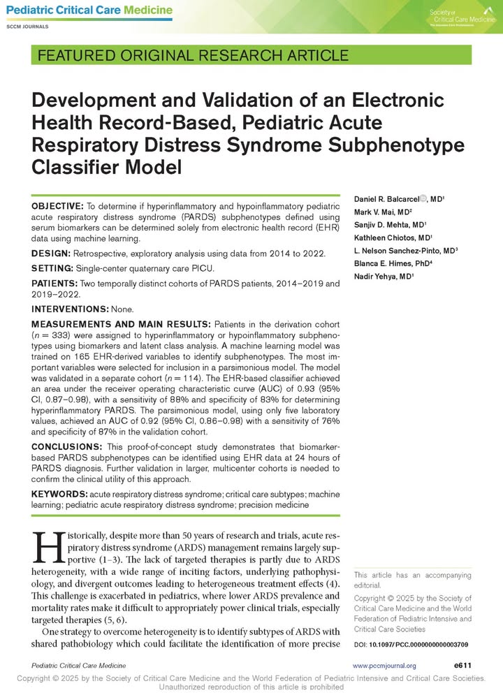 🔍 New Study: Electronic health record-based PARDS subphenotype classifier models may be used to accurately identify hyperinflammatory and hypoinflammatory subphenotypes at 24 hours of PARDS diagnosis.

Read the research from PCCM: bit.ly/3ZFV3B0

#PedsICU #SCCM <a href="/SCCM/">SCCM</a>