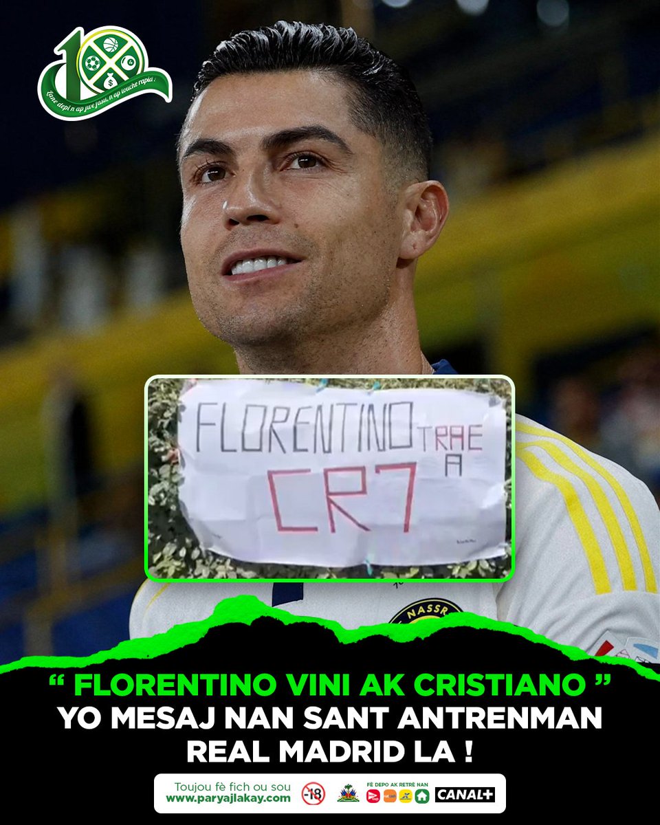 paryajlakay's tweet photo. Nan sant antrènman Real Madrid maten an, gen yon fanatik ki reklame retou CR7 nan ekip la.
Li adrese mesaj la ak Florentino dirèkteman😃 

Kòman w twouve demann sa?👇

#cr7 #backtoreal #newsupdate #ParyajLakay https://t.co/2aCKP72xTg