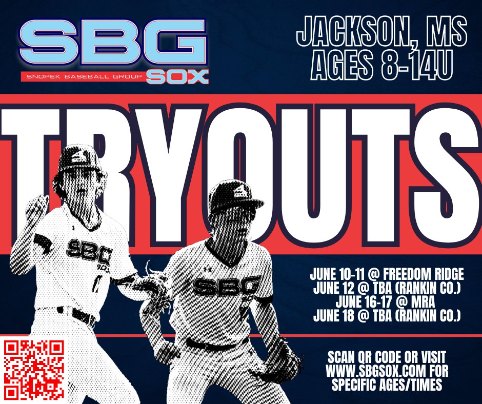P360 Performance Sports-Jackson (@p360jackson) on Twitter photo 🚨SBG SOX - Jackson, MS🚨
🔊Youth Baseball Tryout Dates!
⚾️Ages 8-14U
⭐️2025 Fall & 2026 Spring Season⭐️
To register and/or view specific ages, dates, & times...scan qr code on flyer or visit:
sbgsox.com/upcoming-tryou…
Jackson Director: Colton Hood (colton@sbgsox.com) 🚨SBG SOX - Jackson, MS🚨
🔊Youth Baseball Tryout Dates!
⚾️Ages 8-14U
⭐️2025 Fall & 2026 Spring Season⭐️
To register and/or view specific ages, dates, & times...scan qr code on flyer or visit:
sbgsox.com/upcoming-tryou…
Jackson Director: Colton Hood (colton@sbgsox.com)