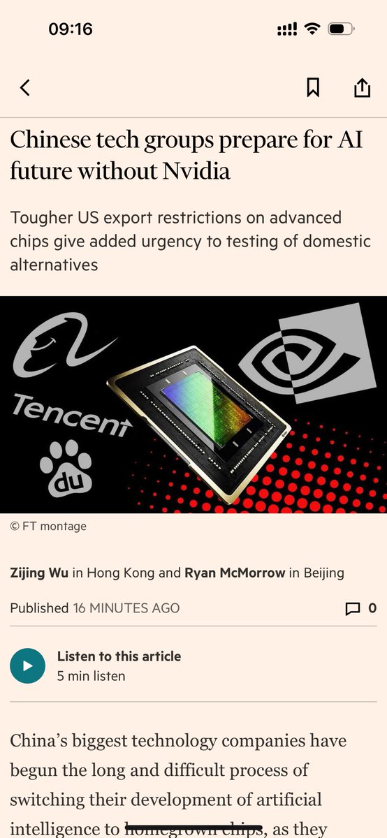 zijing_wu's tweet image. Latest: Chinese tech groups prepare for AI future without Nvidia
- Stockpile runs out ~early 2026
- Accelerated testing of local chips esp for inference
- Narrow window for decision & a full switch from NV to Huawei leads to est 3-month disruption
on.ft.com/4kf8z6R