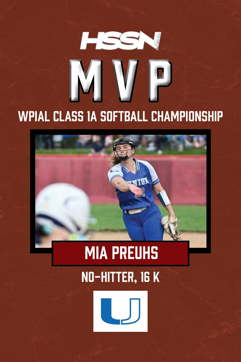 TribLive HSSN (@triblivehssn) on Twitter photo Your #WPIAL Class 1A Softball Championship Game MVP is none other than <a href="/mia_preuhs2025/">Mia Preuhs</a>. Preuhs completely shut down Carmichaels with a 16 strikeout, no-hit gem, lifting the <a href="/UnionScotties/">Union Area SD</a> to another title.
#HSSN Your #WPIAL Class 1A Softball Championship Game MVP is none other than <a href="/mia_preuhs2025/">Mia Preuhs</a>. Preuhs completely shut down Carmichaels with a 16 strikeout, no-hit gem, lifting the <a href="/UnionScotties/">Union Area SD</a> to another title.
#HSSN