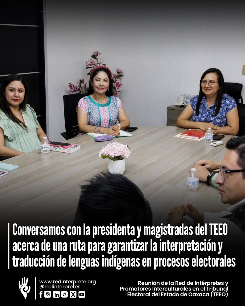 Redinterpretes's tweet photo. 🤝✨ Nos reunimos con la presidenta y magistradas del Tribunal Electoral del Estado de #Oaxaca para trazar una ruta quebgarantice la interpretación y traducción de lenguas indígenas en procesos electorales.

🌎 ¡Sin intérpretes no hay justicia!

#REDIN #TEEO #redinterpretes https://t.co/vVbMROMPVJ