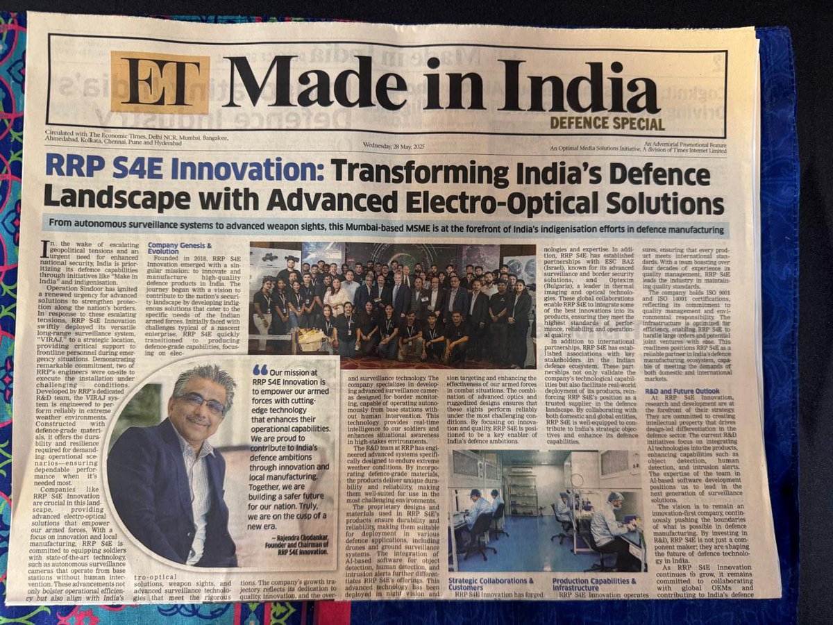 🇮🇳🔬 RRP S4E Innovations is powering India's defence self-reliance!

🚀 From weapon sights to autonomous surveillance, this Mumbai-based MSME is innovating in electro-optics &amp; AI-driven systems.
🛡️ Backed by visionary promoter Rajendra Chodankar, RRP S4E is shaping Atmanirbhar