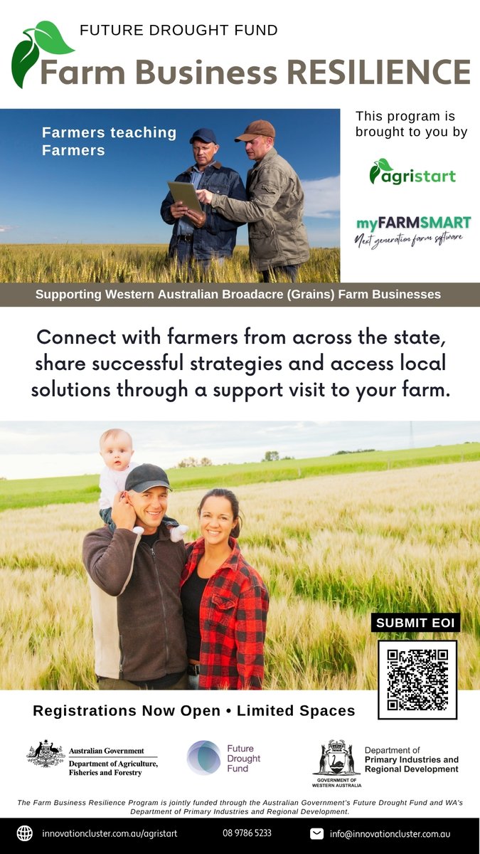 Farm Business Resilience (FBR) Program, offers WA Broadacre (Grains) Farmers the tools, training, and resources to improve your farm’s success. 

Submit your EOI now at innovationcluster.com.au/farm-business-…

#myfarmsmart #FutureDroughtFund @DeptAgNews 
@DPIRD_WA