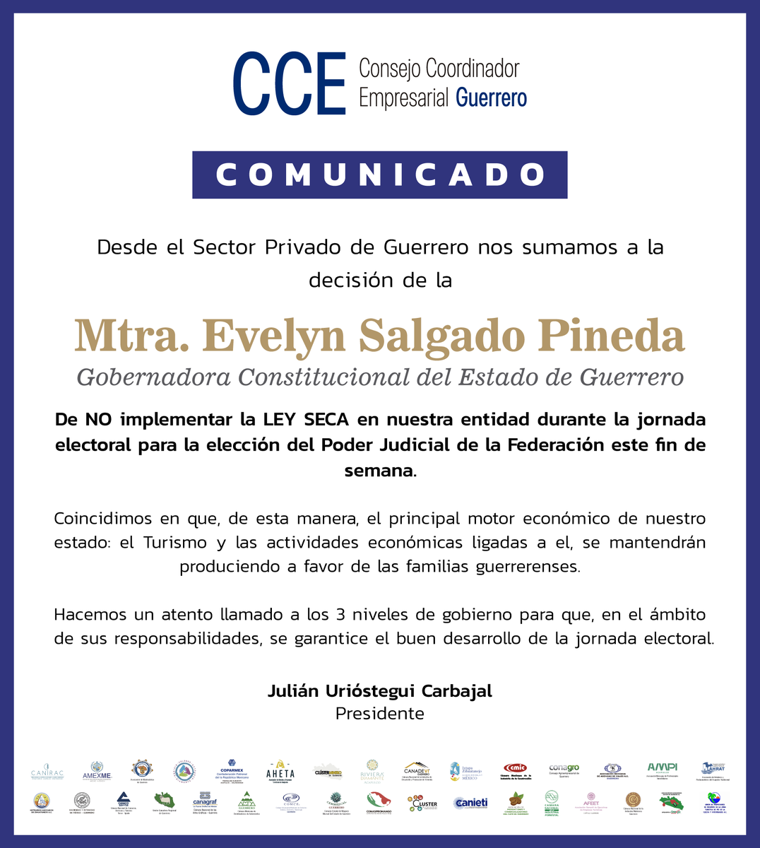 CCEGRO_oficial's tweet photo. Desde el Sector Privado de Guerrero nos sumamos a la decisión de la Mtra. Evelyn Salgado Pineda (@EvelynSalgadoP), Gobernadora Constitucional del Estado de Guerrero (@Gob_Guerrero), de NO implementar la LEY SECA en nuestra entidad durante la jornada electoral para la elección del Poder Judicial de la Federación (@SCJN) este fin de semana.

Coincidimos en que, de esta manera el principal motor económico de nuestro estado: el Turismo y las actividades económicas ligadas a el, se mantendrán produciendo a favor de las familias guerrerenses.

Hacemos un atento llamado a los 3 niveles de gobierno para que, en el ámbito de sus responsabilidades, se garantice el buen desarrollo de la jornada electoral.