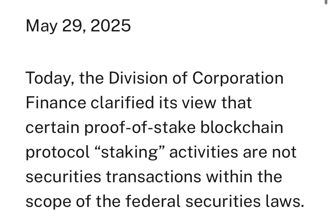 SEC says that staking activity are not securities transactions. This pretty much changes everything. DeFi is about to moon. Same with my crypto venture portfolio.