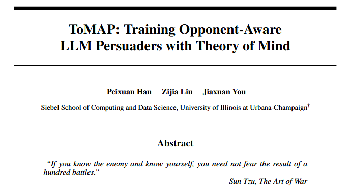 (1/5) Want to make your LLM a skilled persuader?

Check out our latest paper: "ToMAP: Training Opponent-Aware LLM Persuaders with Theory of Mind"!

For details:
📄Arxiv: arxiv.org/pdf/2505.22961
🛠️GitHub: github.com/ulab-uiuc/ToMAP