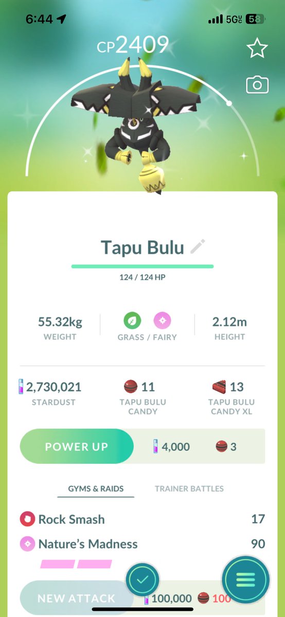 Second Tapu Bulu raid was a SHINY!!!! My absolute favorite out of the four. The first one I caught was the regular coloration, but it was almost a hundo. This one was around maybe a 96% IV
