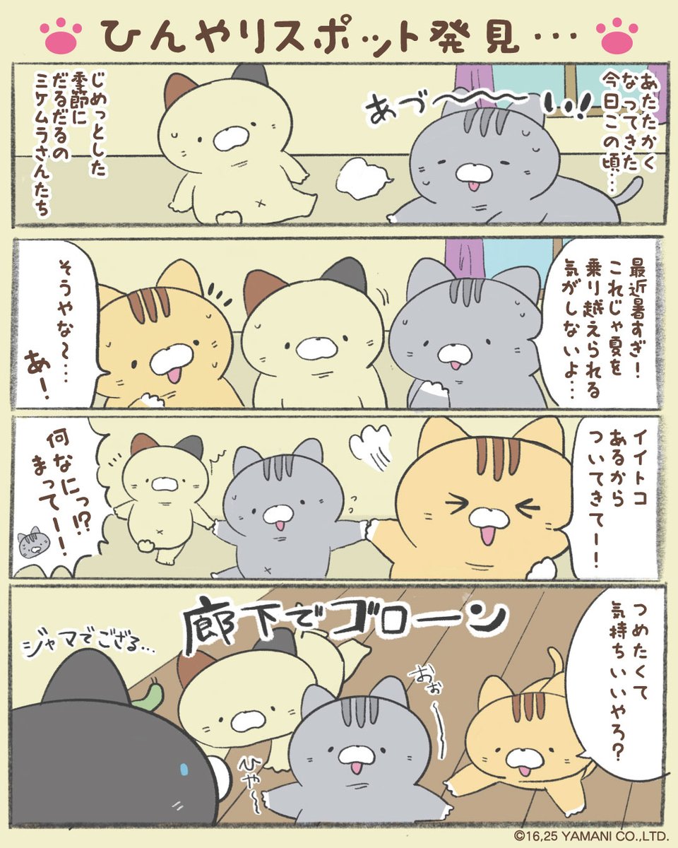 じめじめした季節、最早夏！？ってぐらい暑くなってきましたね☔
ミケムラさんたちはおうちの中にひんやりスポットを見つけた模様です🐱💭

#ミケムラさんといっしょ　#ひんやりスポット