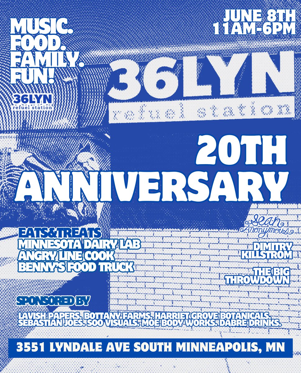 Join <a href="/36Lyndale/">36 Lyn Refuel Station</a> for a 20th Anniversary party on June 8th featuring these amazing musical guests:

🕚 11 AM -2 PM – <a href="/dimitrykill/">Dominic Killswitch</a>
🕑 2-3 PM – @seananonymous 
🕒 3– 6 PM – The Big Throwdown 

Giveaways, Food trucks &amp; free music. Congratulations <a href="/LonnieMcQ/">Lonnie</a>