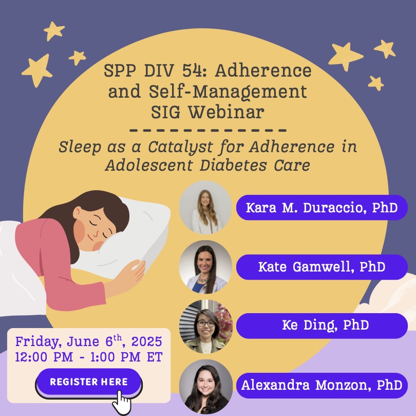 SPP_AdhSM's tweet image. The ASM & Sleep SIGs are excited to announce an upcoming Cross-SIG Webinar on Fri, 6/6, on the intersection of sleep hygiene & diabetes adherence, & how to integrate sleep as a behavioral target in teens with diabetes! Join us here: tinyurl.com/3m7e4634 @SPPDiv54 @SPPSleepSIG