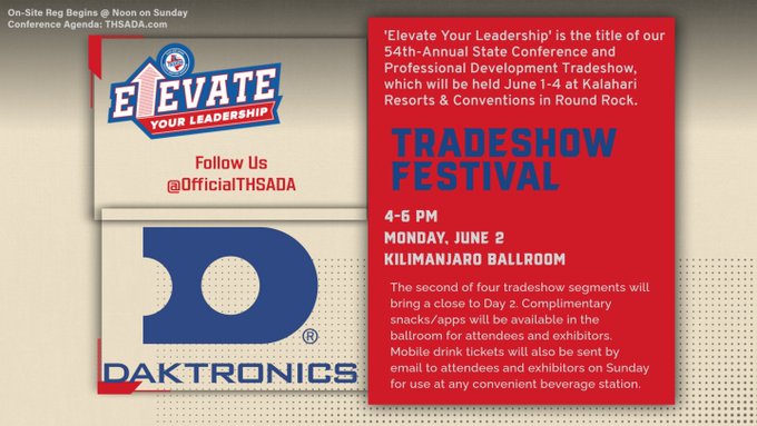 THSADA (@officialthsada) on Twitter photo Day 2 concludes on Tuesday with the annual <a href="/Daktronics/">Daktronics</a>
Tradeshow Festival. Complete agenda: bit.ly/4kH9NId Day 2 concludes on Tuesday with the annual <a href="/Daktronics/">Daktronics</a>
Tradeshow Festival. Complete agenda: bit.ly/4kH9NId