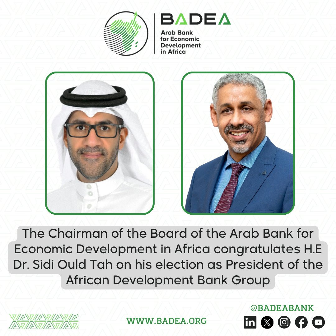 BADEA Arab Bank for Economic Development in Africa (@badeabank) on Twitter photo The Chairman of the Board of the Arab Bank for Economic Development in Africa congratulates H.E Dr. <a href="/sidiouldtah/">Sidi Ould Tah</a> on his election as President of the <a href="/AfDB_Group/">African Development Bank Group</a>.
👉See the press release: bit.ly/3SNfB77 The Chairman of the Board of the Arab Bank for Economic Development in Africa congratulates H.E Dr. <a href="/sidiouldtah/">Sidi Ould Tah</a> on his election as President of the <a href="/AfDB_Group/">African Development Bank Group</a>.
👉See the press release: bit.ly/3SNfB77