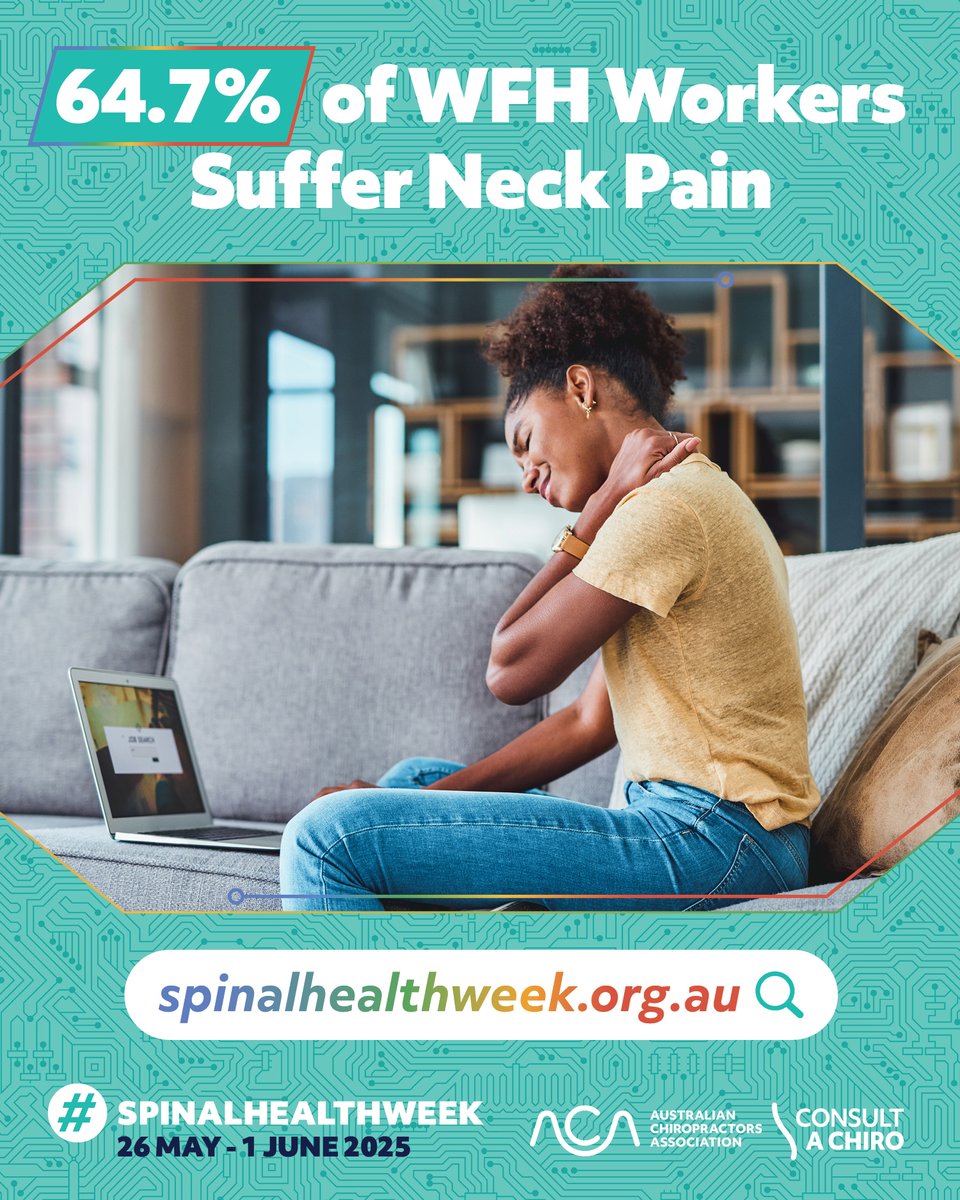 🏠💻 Work from home? People #WorkingFromHome are at greater risk of developing neck pain with 64.7% of WFH workers presenting with #TechNeck symptoms.

Adjust your thinking this #SpinalHealthWeek (26 May–1 June) &amp; get the #HeadsUpOnTechNeck👉 spinalhealthweek.org.au

#HealthStats