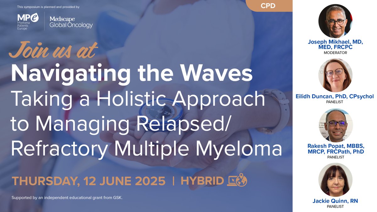 Medscape Oncology (@medscapeonc) on Twitter photo 𧬠Understand how prognosis evolves through relapse cycles in MM. Gain confidence in SDM, πpersonalize treatment, and π€ improve communication in R/R MM care. π ms.spr.ly/6015S5P29
Moderated by: <a href="/jmikhaelmd/">Joseph Mikhael</a> 𧬠Understand how prognosis evolves through relapse cycles in MM. Gain confidence in SDM, πpersonalize treatment, and π€ improve communication in R/R MM care. π ms.spr.ly/6015S5P29
Moderated by: <a href="/jmikhaelmd/">Joseph Mikhael</a>