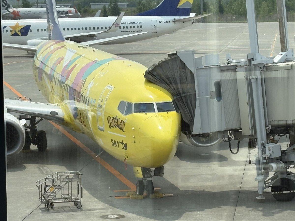 やった😊帰りの羽田空港へ飛行機はピカチュウ😗