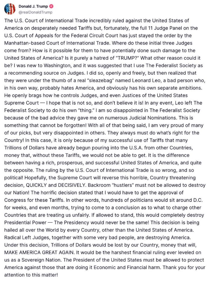 "This horrific decision stated that I would have to get the approval of Congress for these tariffs. In other words, hundreds of politicians would sit around D.C. for weeks, or even months, trying to come to a conclusion as to what to charge other countries."

THAT'S THE POINT!!!!