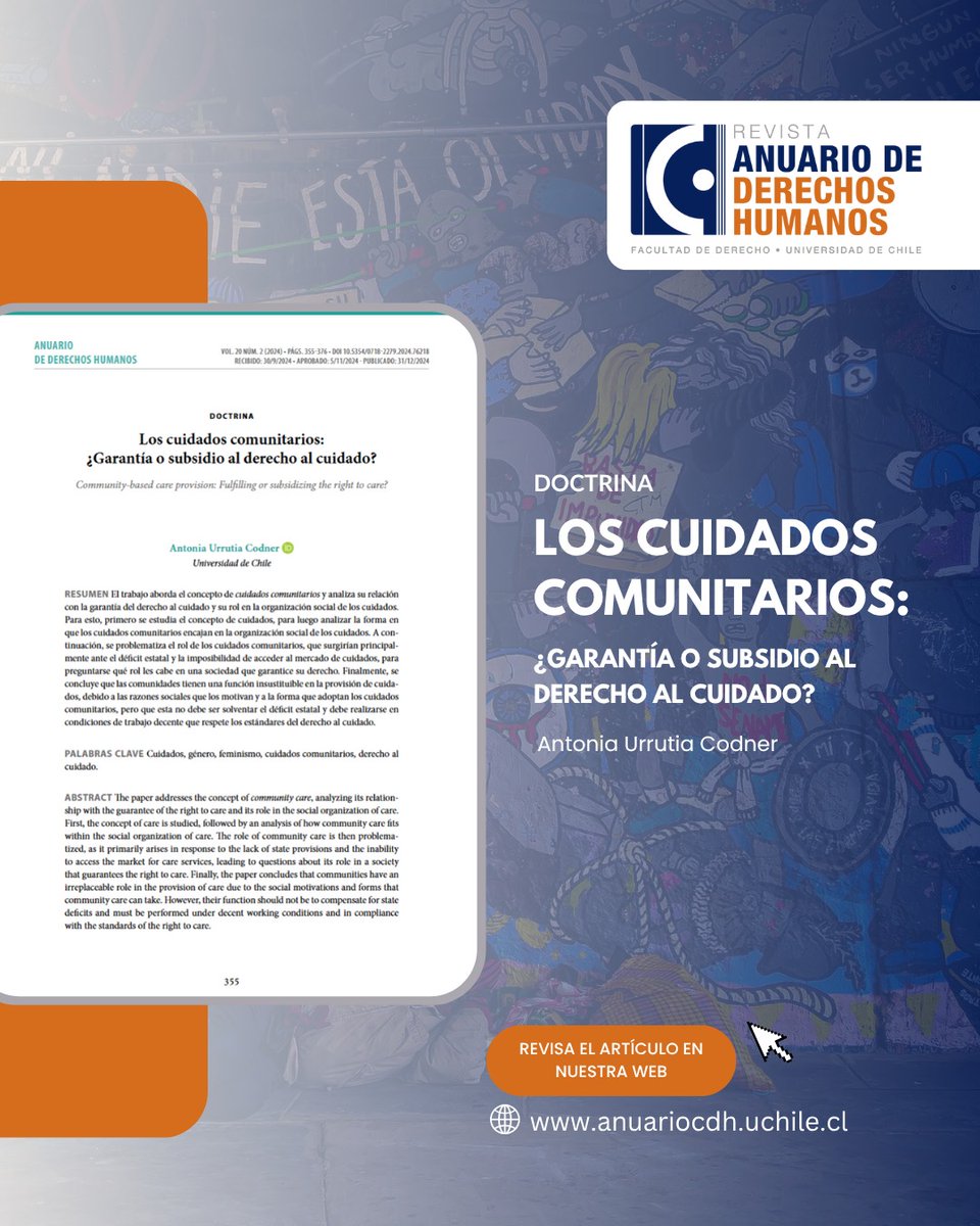 📚 [ARTICULO DE ANUARIO]

📕 Título: "Los cuidados comunitarios: ¿Garantía o subsidio al derecho al cuidado?"

📝 Autora: Antonia Urrutia Codner.

💻 Revisa el artículo en el link de la biografía o en:
anuariocdh.uchile.cl