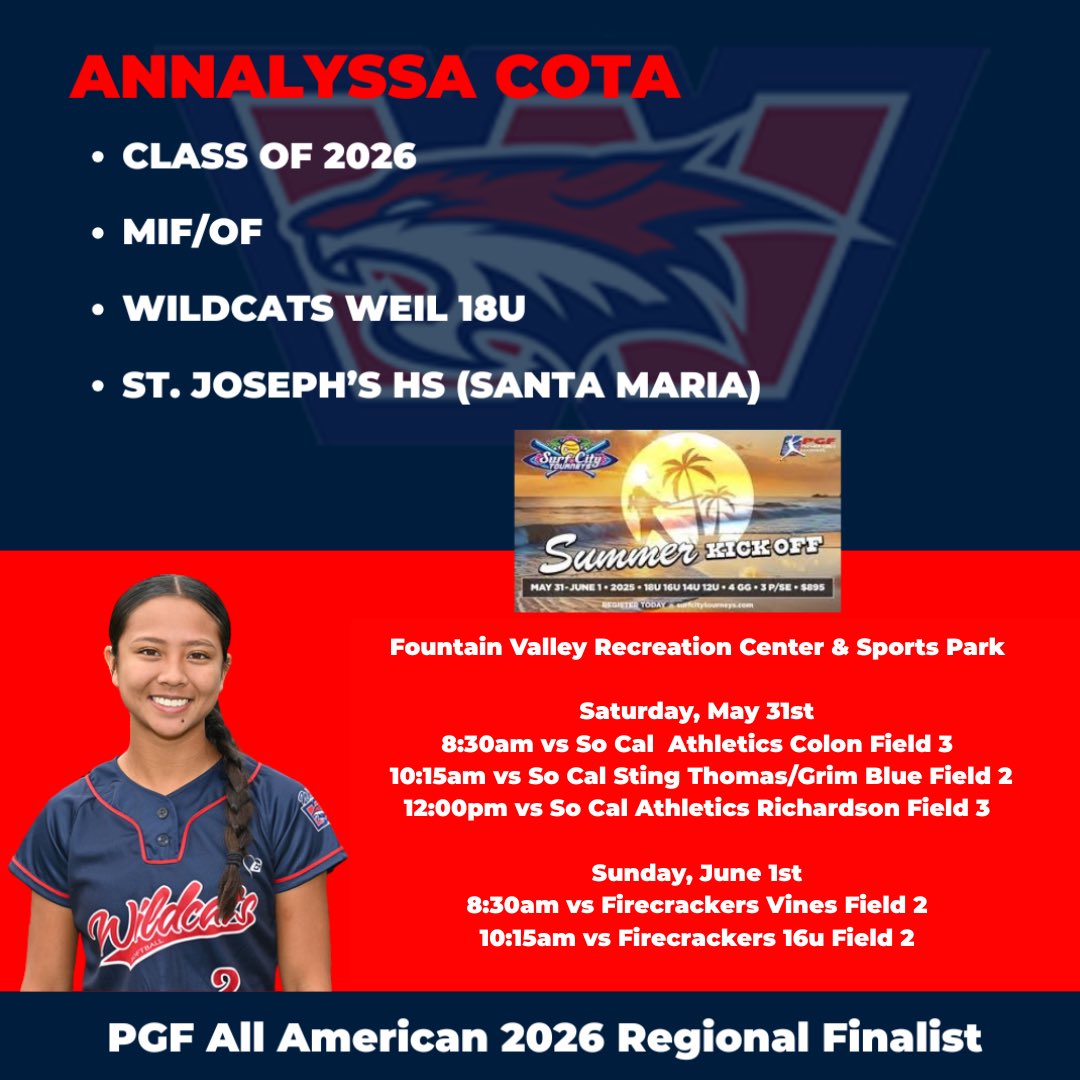 Annalyssa Cota (@annalyssacota26) on Twitter photo Can’t wait to play with my team!!Here’s my schedule for this weekend in Fountain Valley for PGF Summer Kick Off!! 🥎☀️‼️
<a href="/Fullerton_SB/">Titans Softball</a> <a href="/UCLASoftball/">UCLA Softball</a>
<a href="/GCarbonatto/">Gina Carbonatto</a>
<a href="/SacStSoftball/">Sacramento State Softball</a> <a href="/CoachRodz_/">Miranda Rodriguez</a> <a href="/ucdavissoftball/">UC Davis Softball</a> <a href="/wsusoftball/">Weber State Softball</a>
<a href="/SanJoseStateSB/">San José State Softball</a>
<a href="/CoachLively/">Jake Lively</a> <a href="/Coach_Jo_Evans/">Jo Evans</a>
@Marino0008 Can’t wait to play with my team!!Here’s my schedule for this weekend in Fountain Valley for PGF Summer Kick Off!! 🥎☀️‼️
<a href="/Fullerton_SB/">Titans Softball</a> <a href="/UCLASoftball/">UCLA Softball</a>
<a href="/GCarbonatto/">Gina Carbonatto</a>
<a href="/SacStSoftball/">Sacramento State Softball</a> <a href="/CoachRodz_/">Miranda Rodriguez</a> <a href="/ucdavissoftball/">UC Davis Softball</a> <a href="/wsusoftball/">Weber State Softball</a>
<a href="/SanJoseStateSB/">San José State Softball</a>
<a href="/CoachLively/">Jake Lively</a> <a href="/Coach_Jo_Evans/">Jo Evans</a>
@Marino0008