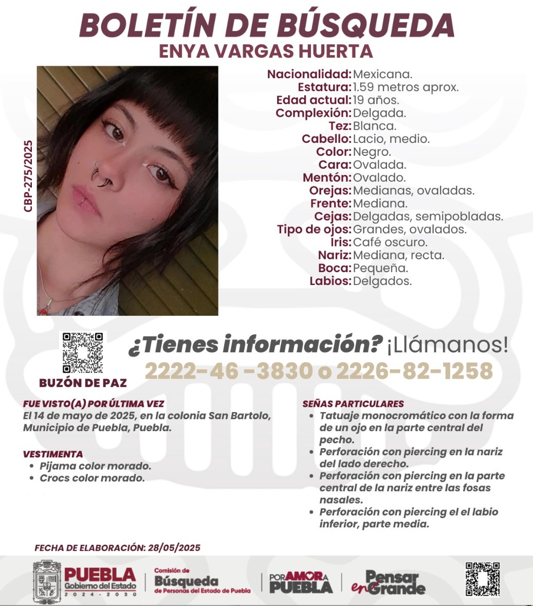 Reporte Mx Noticias (@reportemxnotic1) on Twitter photo Se busca a Enya Vargas Huerta, desaparecida el 14 de mayo de 2025 en la colonia San Bartolo Puebla, Puebla.
#HastaEncontrarla <a href="/FiscaliaPuebla/">FGE Puebla</a> <a href="/FGRMexico/">FGR México</a> <a href="/SSPCMexico/">Secretaría de Seguridad y Protección Ciudadana</a>
facebook.com/photo/?fbid=10… Se busca a Enya Vargas Huerta, desaparecida el 14 de mayo de 2025 en la colonia San Bartolo Puebla, Puebla.
#HastaEncontrarla <a href="/FiscaliaPuebla/">FGE Puebla</a> <a href="/FGRMexico/">FGR México</a> <a href="/SSPCMexico/">Secretaría de Seguridad y Protección Ciudadana</a>
facebook.com/photo/?fbid=10…
