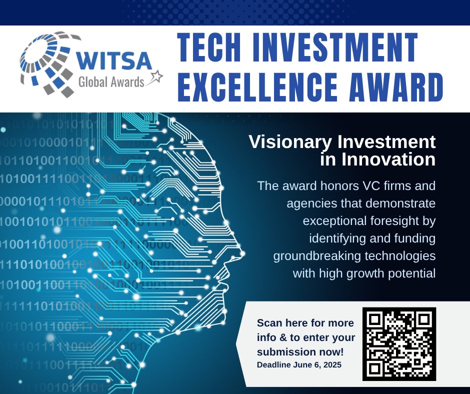 WITSA (@witsa1) on Twitter photo The Tech Investment Excellence Award celebrates venture capital firms and tech ecosystem authorities that drive innovation and economic growth with visionary foresight. 
Deadline to submit nominations: June 6, 2025.
witsa.org/programs/globa… The Tech Investment Excellence Award celebrates venture capital firms and tech ecosystem authorities that drive innovation and economic growth with visionary foresight. 
Deadline to submit nominations: June 6, 2025.
witsa.org/programs/globa…