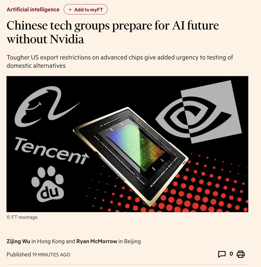 RnaudBertrand's tweet photo. All the Chinese tech giants are currently in the process of switching from Nvidia to homegrown AI chips, forced to do so by US export controls.

Hard to overstate how ironic it is: the entire point of the export controls was to prevent exactly this, the whole of China - the world's largest market for chips by far - adopting Chinese chips at the expense of US firms.

It's abundantly clear that by far the better option would have been to do nothing. Yes, China would probably have still made some efforts to develop a homegrown chip industry but it would have been a slower, more fragmented effort driven by market forces rather than survival instinct, leaving plenty of room for continued US chip dominance in the Chinese market.

Sometimes you can rightfully ask yourself if US policies aren't actually designed to create the very problems they claim to solve.