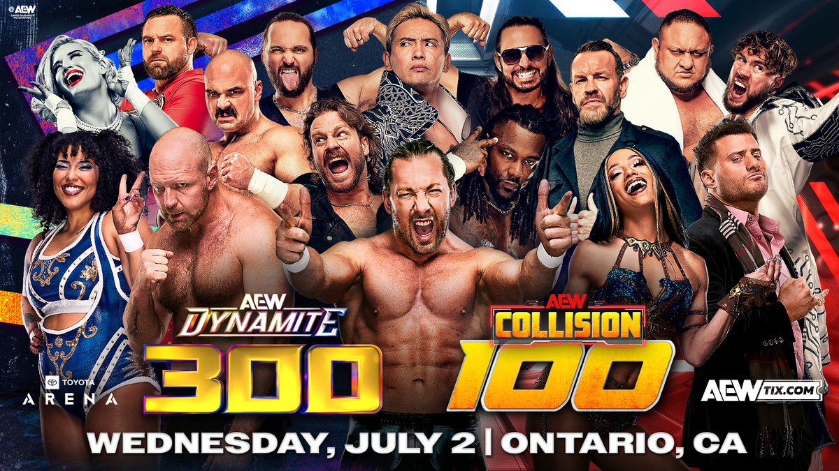 AEW LIVE EVENTS (@aewlive) on Twitter photo #AEWDynamite hits 300 episodes on Wednesday, July 2, and we’re celebrating with Dynamite 300 and #AEWCollision 100 at the <a href="/ToyotaArena/">Toyota Arena</a> in Ontario, CA!
Tickets are ON SALE NOW!
ticketmaster.com/event/09006289… #AEWDynamite hits 300 episodes on Wednesday, July 2, and we’re celebrating with Dynamite 300 and #AEWCollision 100 at the <a href="/ToyotaArena/">Toyota Arena</a> in Ontario, CA!
Tickets are ON SALE NOW!
ticketmaster.com/event/09006289…