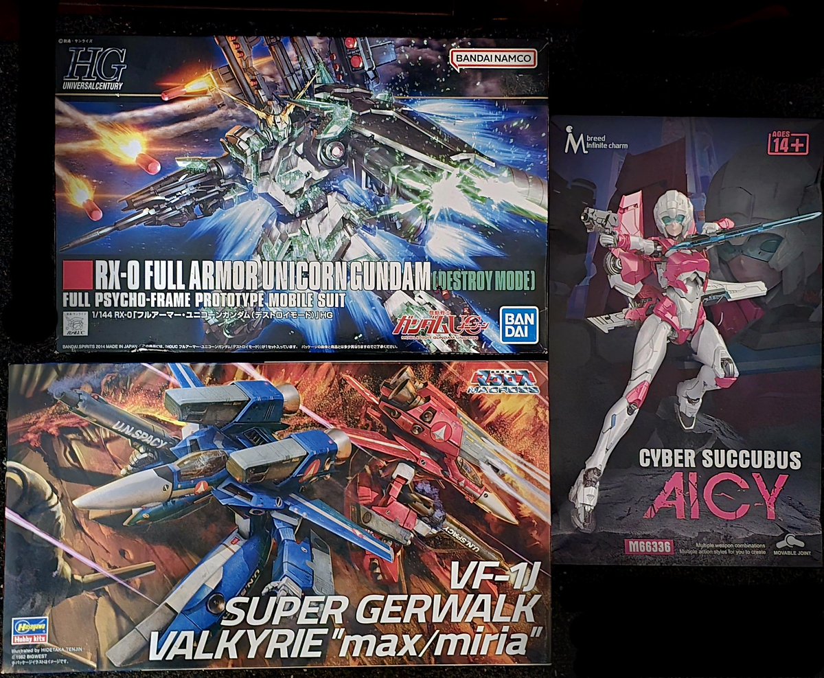 #Gunpla #Gundam #Macross #Gerwalk #Transformers #Arcee #Anime #Bandai 

Which one of these should i build next? 

The Unicorn Gundam &amp; Arcee kits dont need glue or base painting..

However the Macross Kit requires glue &amp; full paint work..