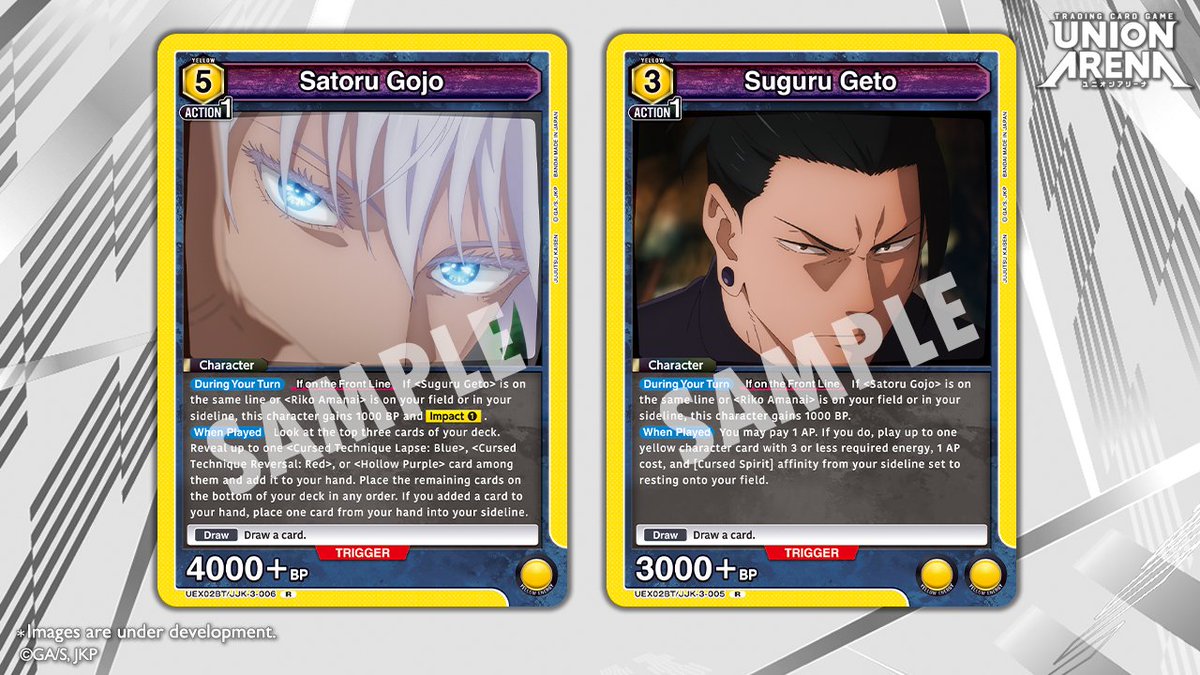 Card Reveals] Check out these cards in the JUJUTSU KAISEN Vol.2 [UEX02BT] Booster  Pack, coming Jun. 27!   Satoru Gojo - R  Suguru Geto - R Product  details here!  https://t.co/uUsO9gIdaJ #UNIONARENA_EN #JujutsuKaisen
