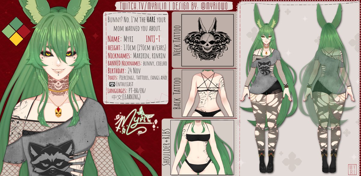 Hi, I'm Myri, a V-Artist/V-Singer HARE that likes to create chaos😌
Here is my official REF SHEET
New outfit. New style.  New tattoos.

My art tag is #MyriArt
For NSFW art, please check in with me first, but I rather not!