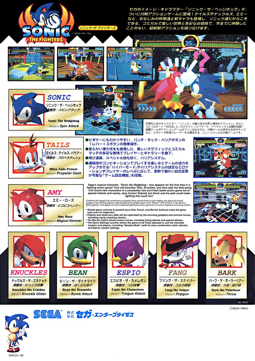 先ほどのクイズの正解は…
「ソニック・ザ・ファイターズ」！🕹️

本作はソニックシリーズ初の3D対戦格闘ゲーム👊
ソニックたちらしいユニークでトリッキーな技の数々が魅力的✨

お気に入りのキャラやアクションがあれば、ぜひ教えてください！