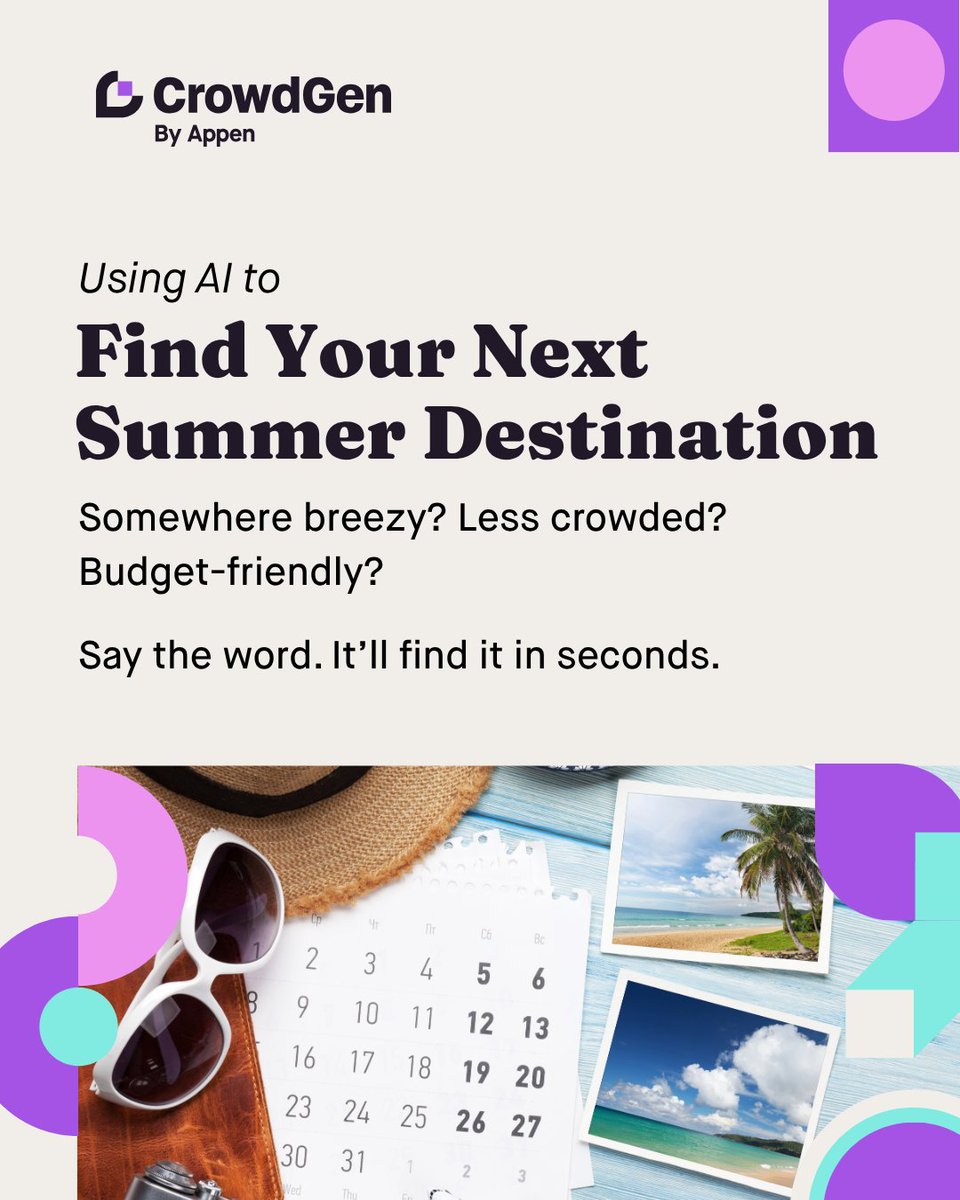 crowdgenbyappen's tweet image. ✈️ Not sure where to go this summer? Let AI help you decide.
Just tell it what you’re looking for—like “sunny, uncrowded, under $800”—and get instant recommendations.

🧳 The prompt is on Slide 3!

#CrowdGen #HuggingChat #AIPromptIdeas #BudgetTravel #RemoteWorkLife #AIForEveryone