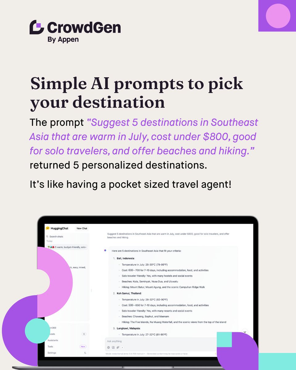 crowdgenbyappen's tweet image. ✈️ Not sure where to go this summer? Let AI help you decide.
Just tell it what you’re looking for—like “sunny, uncrowded, under $800”—and get instant recommendations.

🧳 The prompt is on Slide 3!

#CrowdGen #HuggingChat #AIPromptIdeas #BudgetTravel #RemoteWorkLife #AIForEveryone